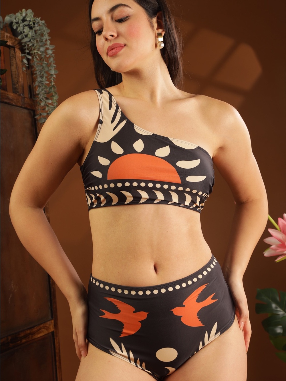 Commense One-Shoulder Black & Orange Graphic High-Waist Bikini